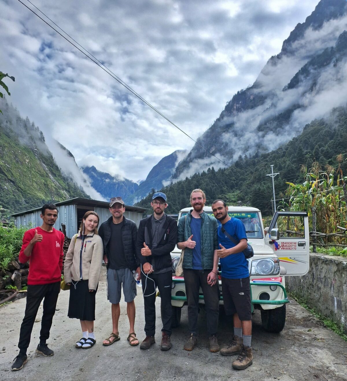 How much does it cost to trek the Manaslu Circuit? With a group infront of Jeep in Dharapani